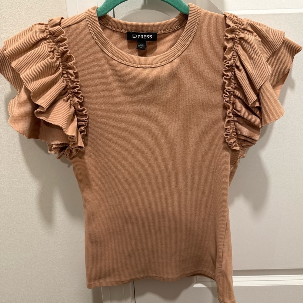 Express Beige Ruffled Sleeve Tee - Picture 3 of 3